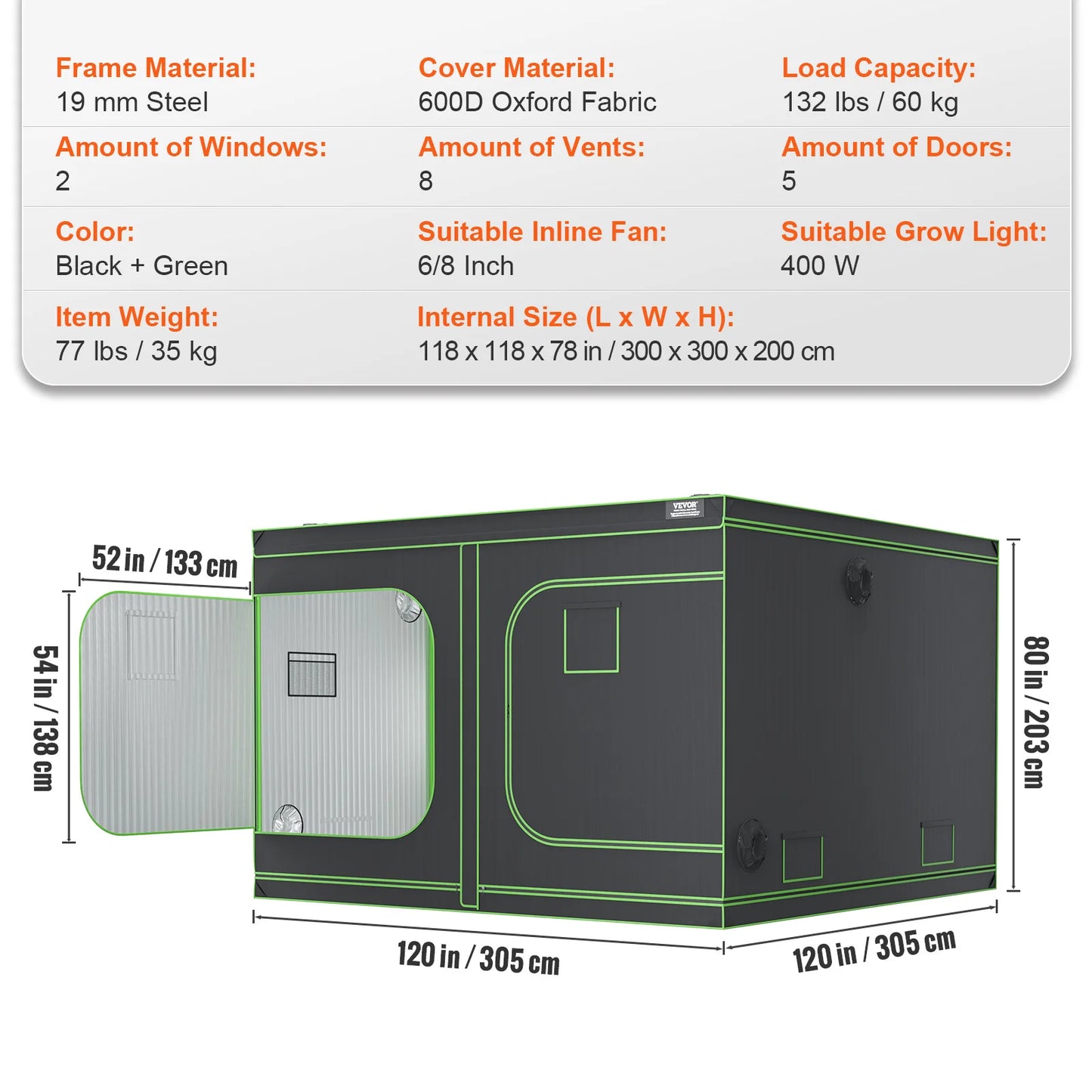 VEVOR 10x10 Grow Tent High Reflective 600D-2000D Mylar Hydroponic Growing Tent with Observation Window Tool Bag for Plants Grow