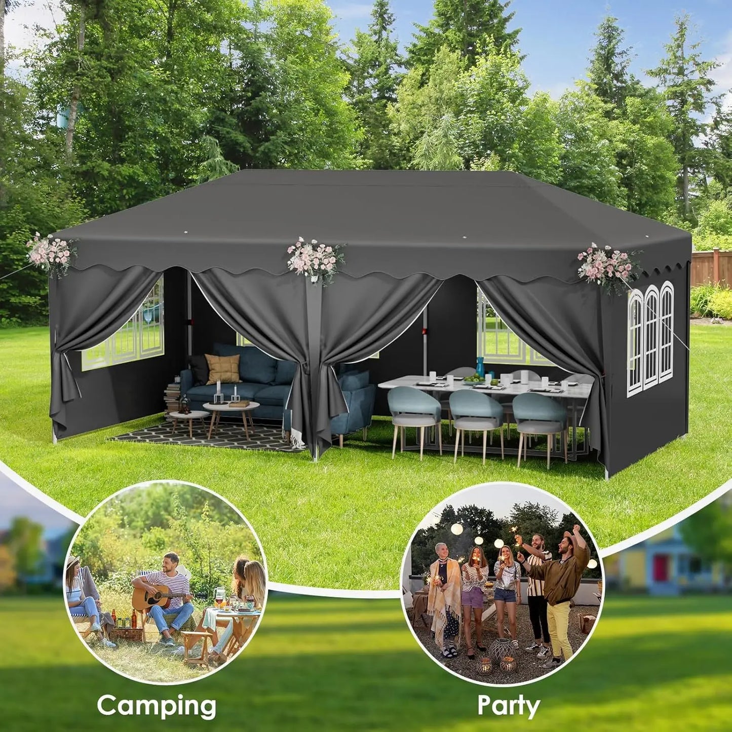 Pavilion Popup Gazebo 3x6m Waterproof Folding Gazebo Tent Party Tent 6 Side Panels Fully enclosed UV 50+ Height Adjustable 2-3M