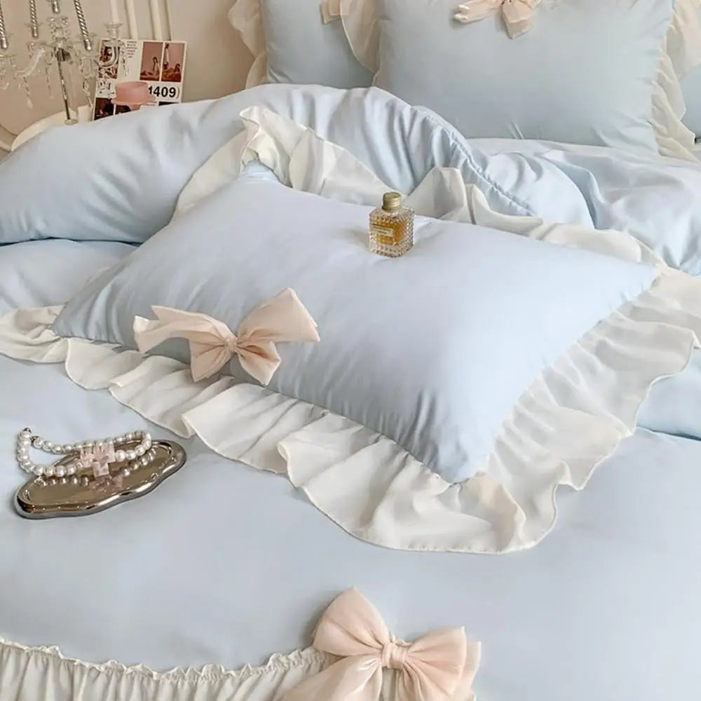 Ruffled Duvet Cover Set with Bowknot Tie and Zipper Closure Soft Microfiber Includes Pillowcases Chic Bedding Bedroom Decor