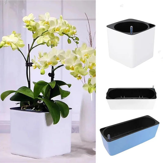 Plastic Self-Watering Flowerpot Lazy Desktop Rectangular Square Plant Flower Pot with Water Level Indicator for Office Garden