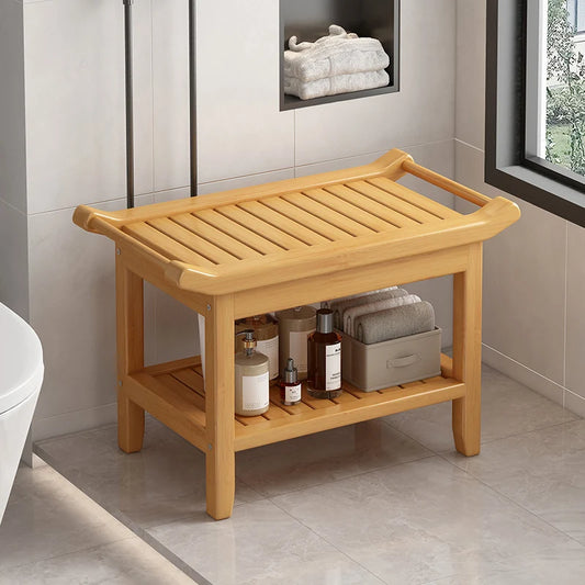 Anti-Slip Bamboo Shower Stool Waterproof Bathroom Bath Bench for Foot Washing or Entryway Shoe Changing Seat