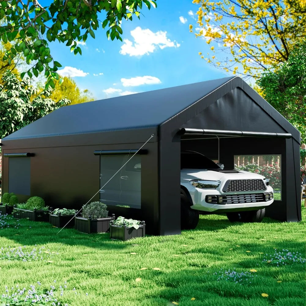 Carport 12' x 20' Heavy Duty Portable Garage, Side-Opening Door & Roll-Up Windows, Car Canopy Reinforced Four-Hole Base, Carport