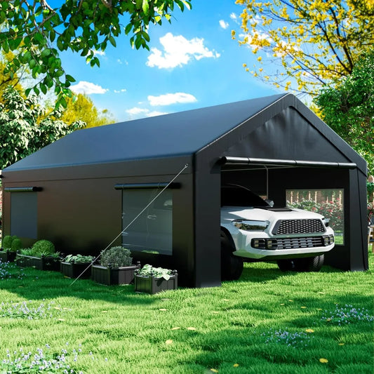 Carport 12' x 20' Heavy Duty Portable Garage, Side-Opening Door & Roll-Up Windows, Car Canopy Reinforced Four-Hole Base, Carport