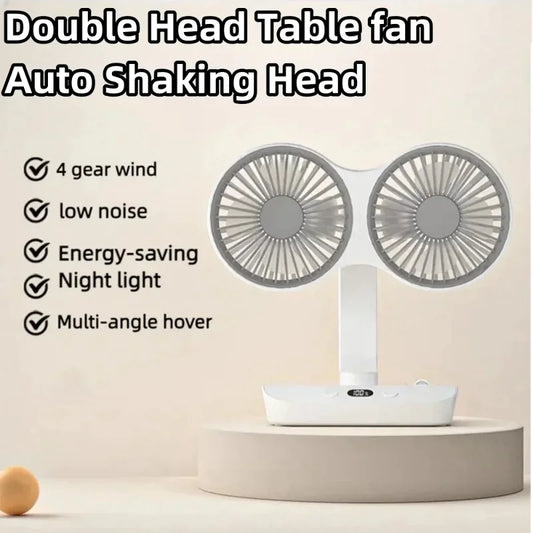 Multi Function Double Head Shaking Fan with 4 Gears Adjustable Speed HD Digital Display Night Lights Portable Cooling Fan