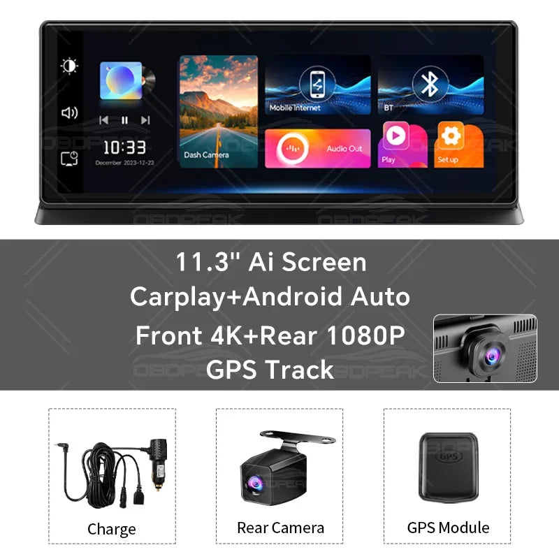 11.3 inch Car DVR 4K Dash Cam Dual Lens Wireless Carplay & Android Aut