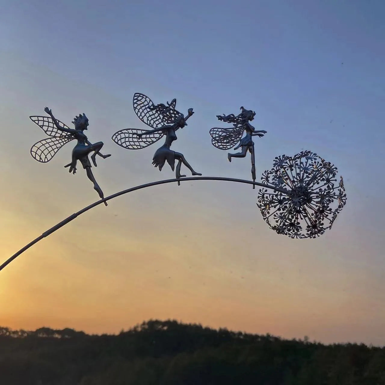 Fairies Angel With Dandelions Flowers Dance,Fairy Garden Decoration Outdoor,Sculptures & Figurines Inserted Soil Metal Craft