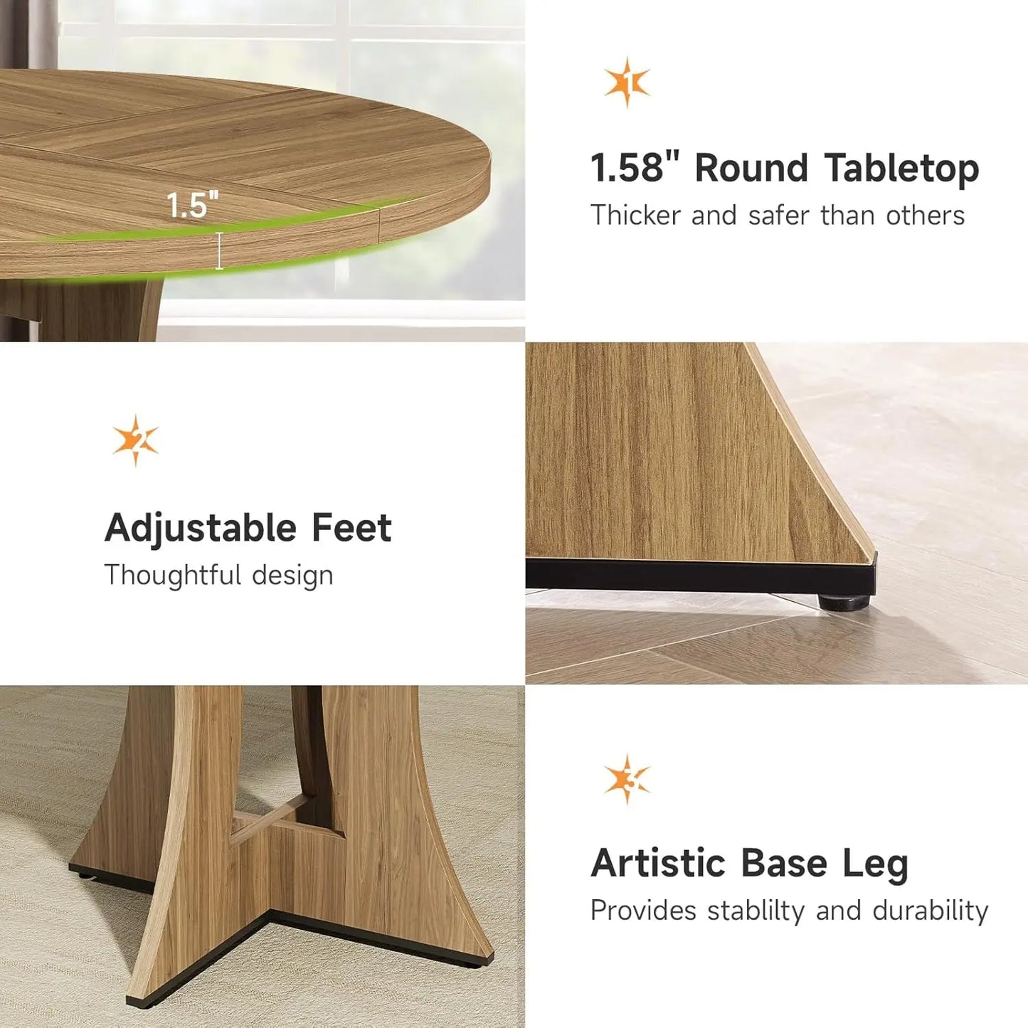 47.2 inch Round Dining Table for 4-6 People, Wood Kitchen Table for Dining Room Living Room, Small Circle Farmhouse Dinner Table