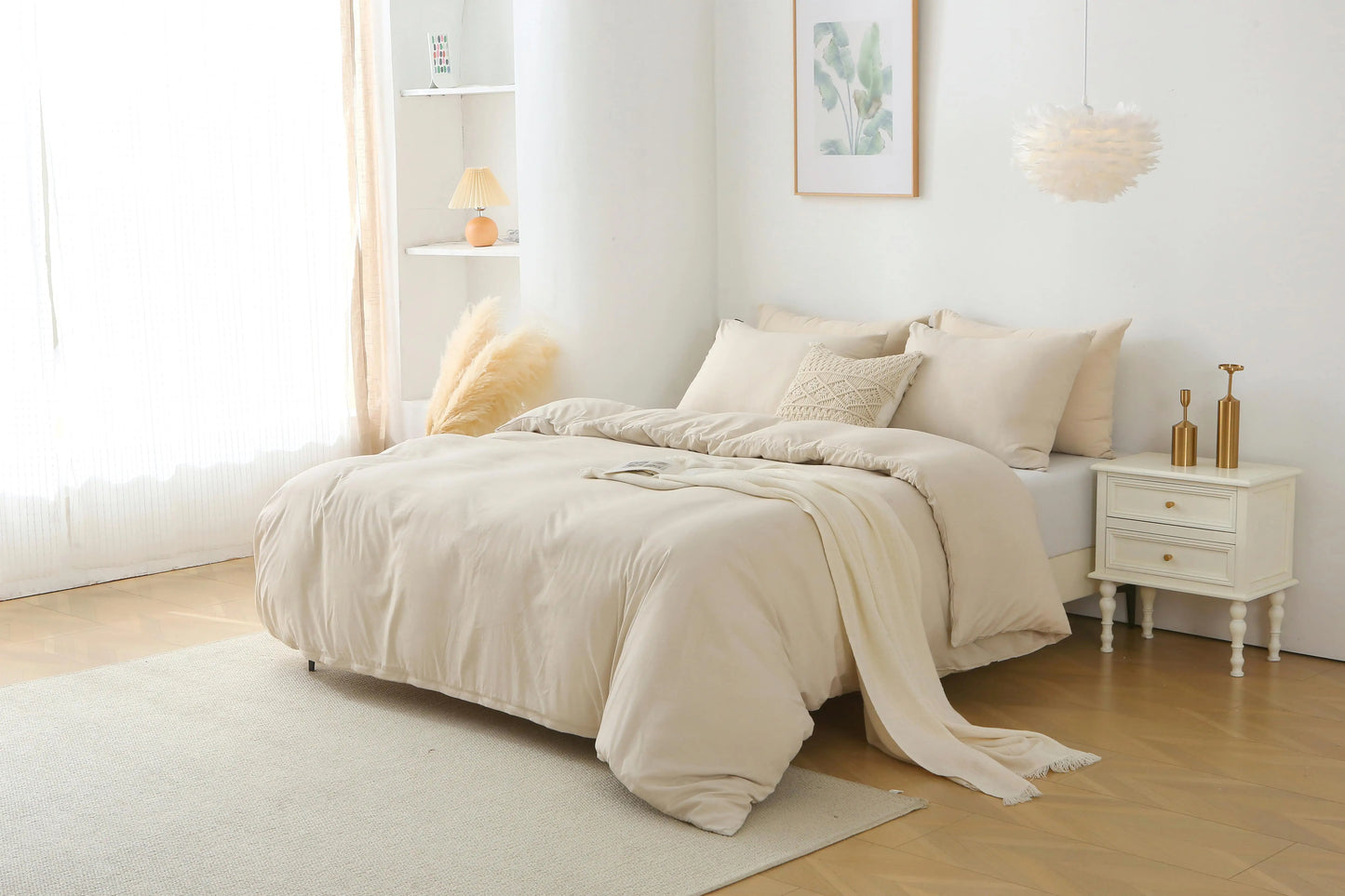 3-Piece Queen Duvet Cover Set in Solid Beige - Includes 1 Duvet Cover & 2 Pillow Shams, Comforter Not Included