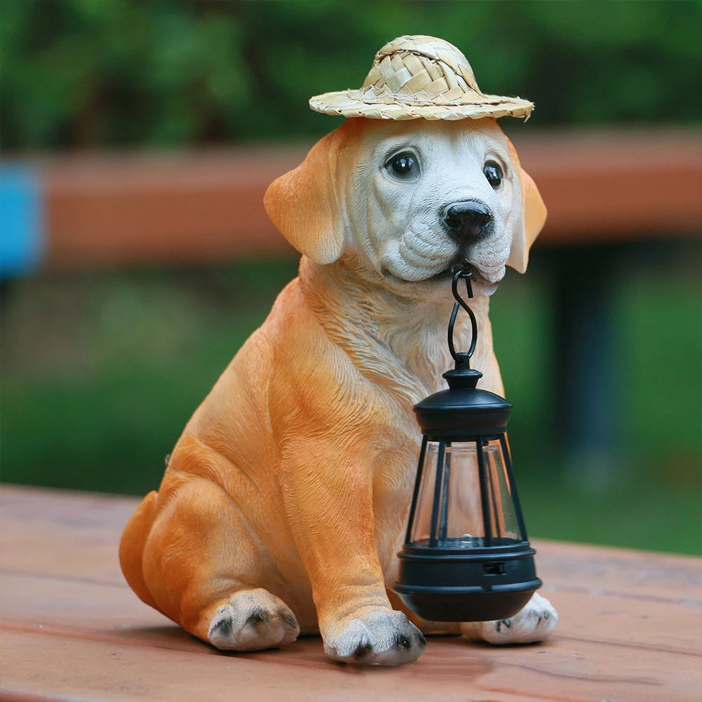 Resin Garden Dog Statues with Straw Hat and Solar LED Lantern Adorable Dog Figurines Puppy Decorations Dog Statue Outdoor Decor