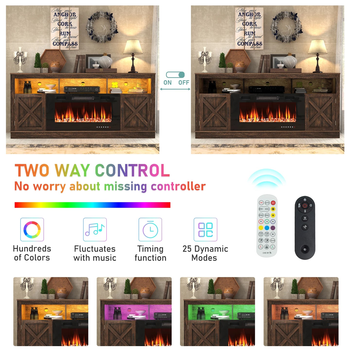 Farmhouse Fireplace TV Stand for 75/80 Inch TV, LED Media Console for 36" Electric Fireplace | AlluCanFind