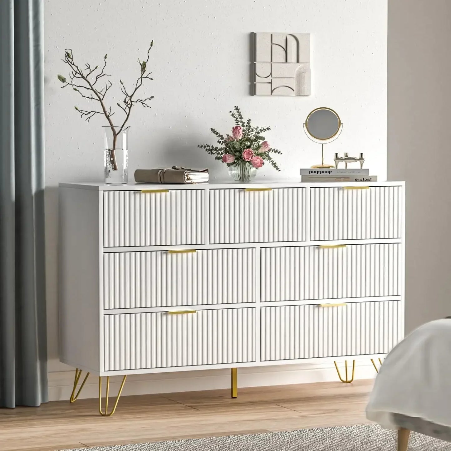 Dresser for Bedroom, White Bedroom Dresser with Drawers, Modern Wide Dresser with Gold Pulls