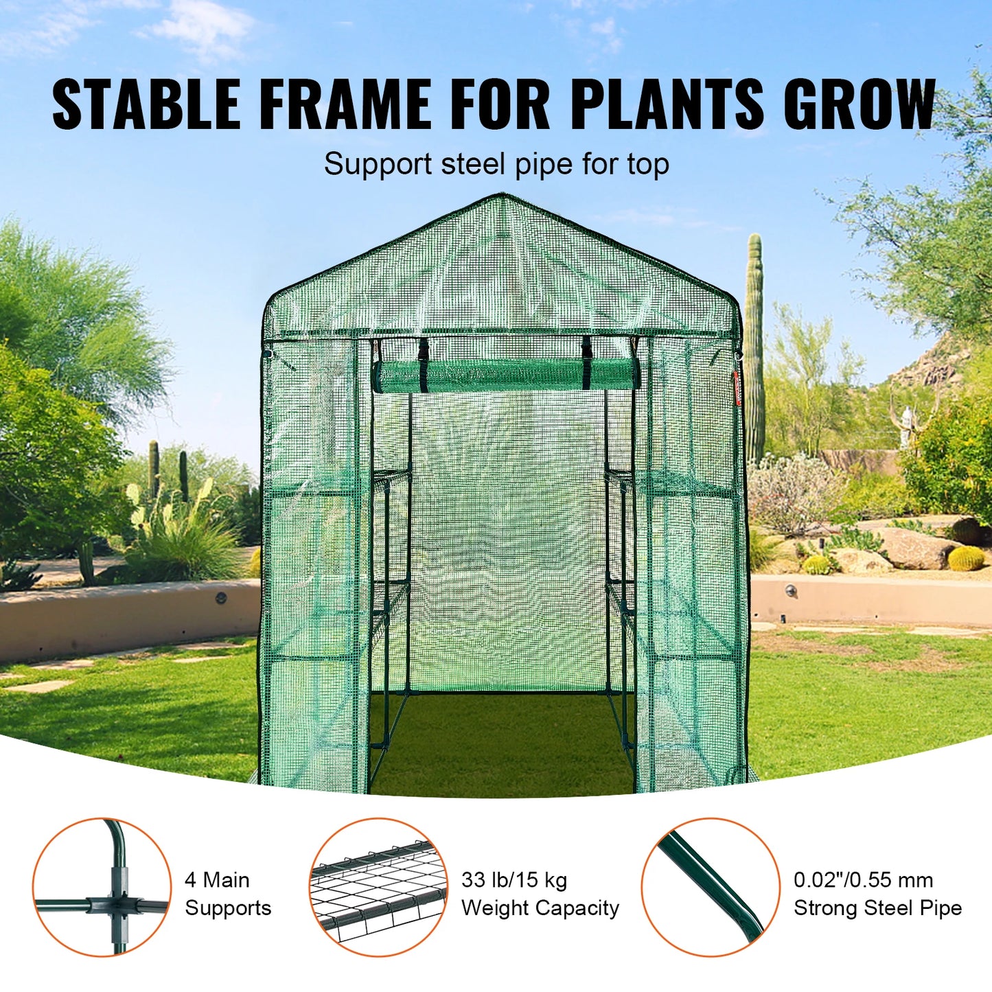 SucceBuy Walk-in Green House Greenhouse with Shelves High Strength PE Cover with Doors & Windows and Steel Frame for Planting