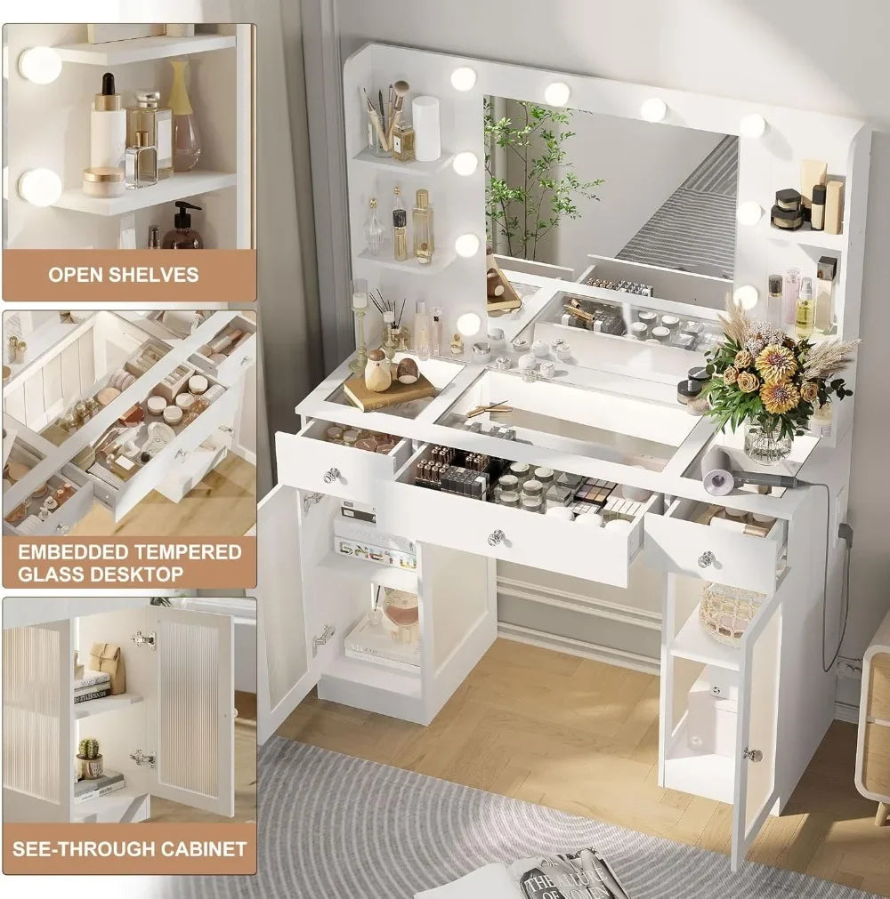 Makeup Vanity with Glass Top, White Vanity Desk with Mirror and Lights, Big Vanity with Drawers & Cabinets for Bedroom
