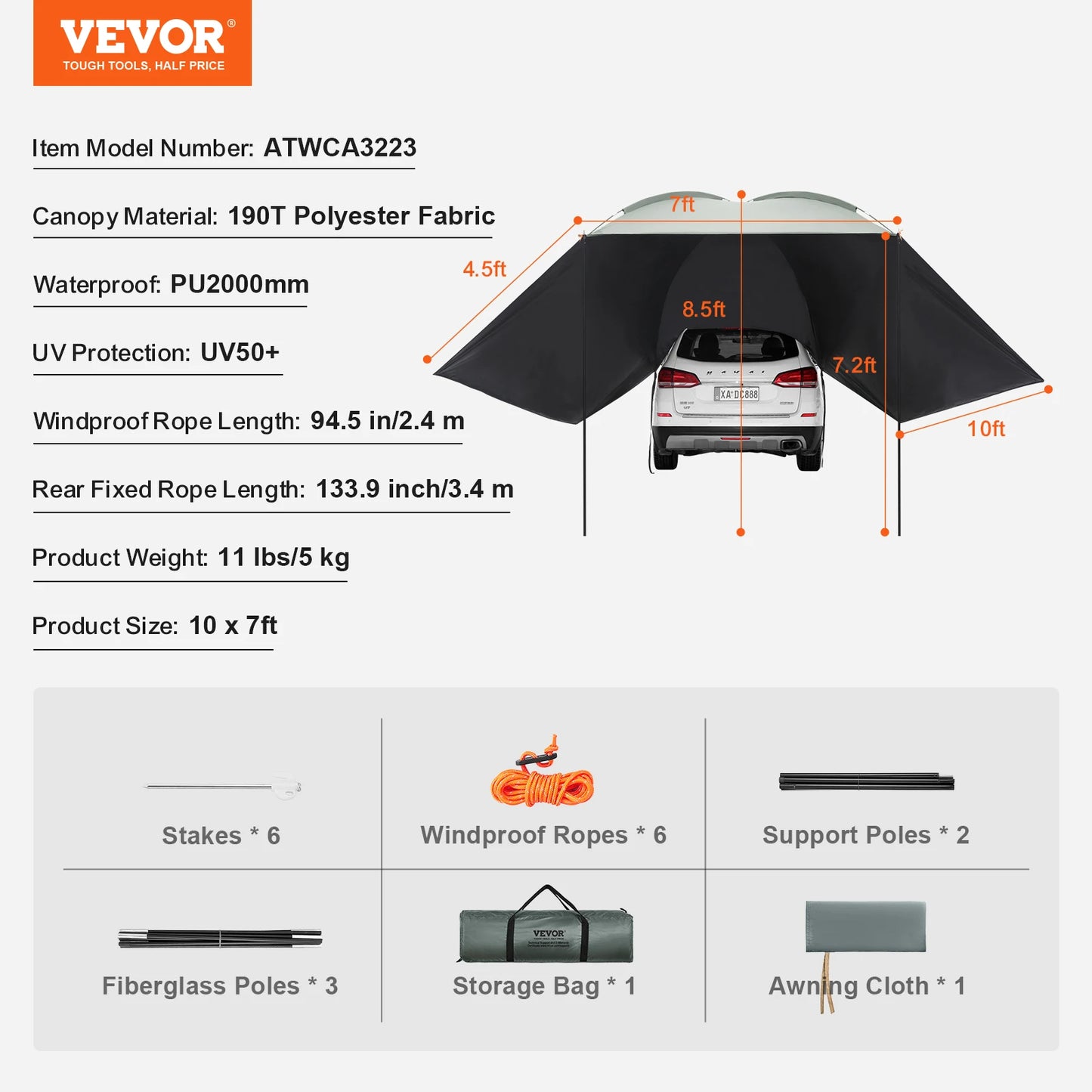 SucceBuy Vehicle Awning  Retractable Car Side Awning Car Awning with Waterproof Storage Bag  Suitable for Truck SUV Van Campers