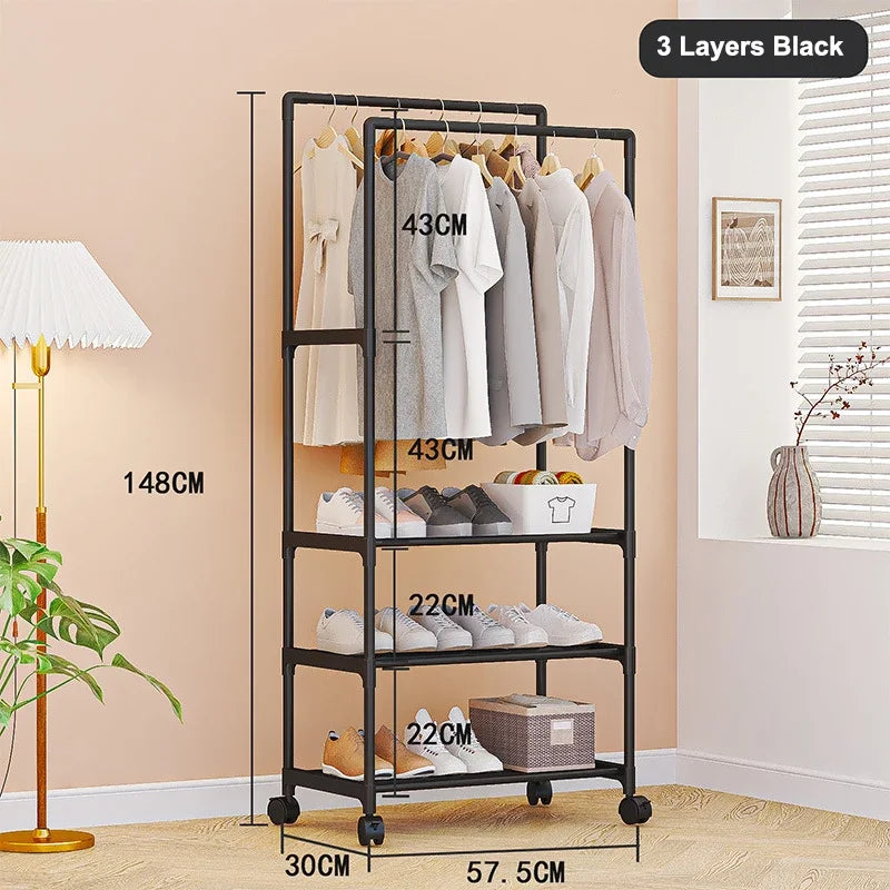 Movable Double Rod Clothes Rack Wheels Heavy Duty Coat Shelf with Bedroom Floor Hangers Organizer Home Shoe Hat Storage Racks