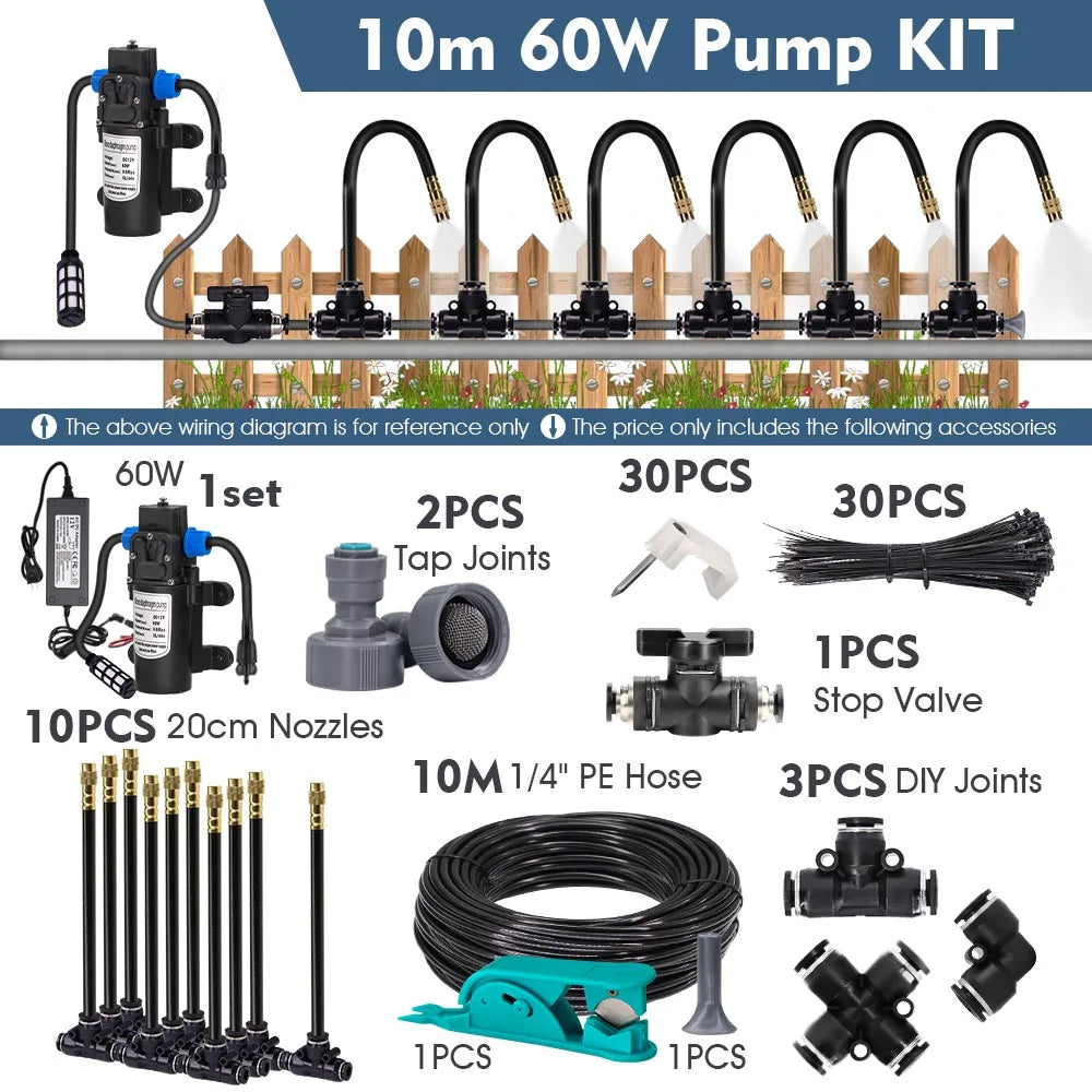 60w Self-priming Pump Garden Misting Cooling System 360° Free-bend Misting Nozzle Adjustable Fine Atomizer for Outdoor Watering