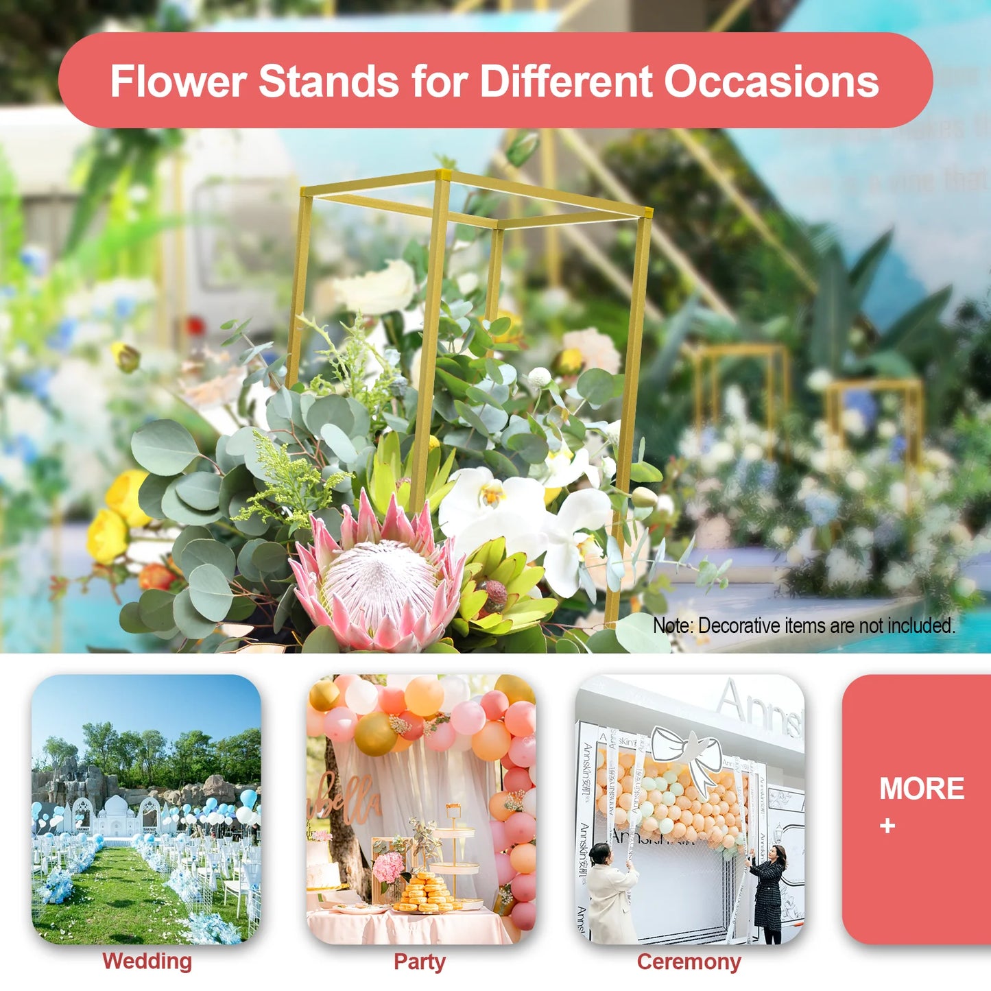 Gold Metal Wedding Flower Stand Set of 10, Modern Rectangular Floral Centerpiece, DIY Flower Holder for Events, Banquets