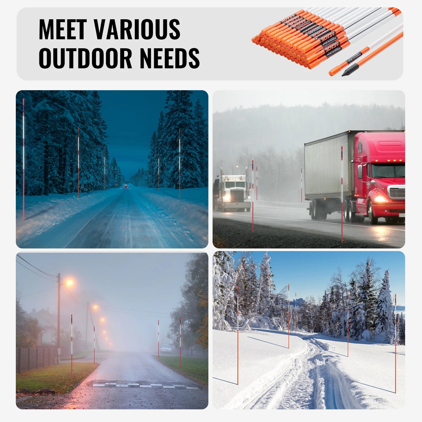 VEVOR Driveway Markers 48 inch 0.4 inch Diameter Fiberglass Poles Snow Stakes For Parking Lots Walkways Easy Visibility