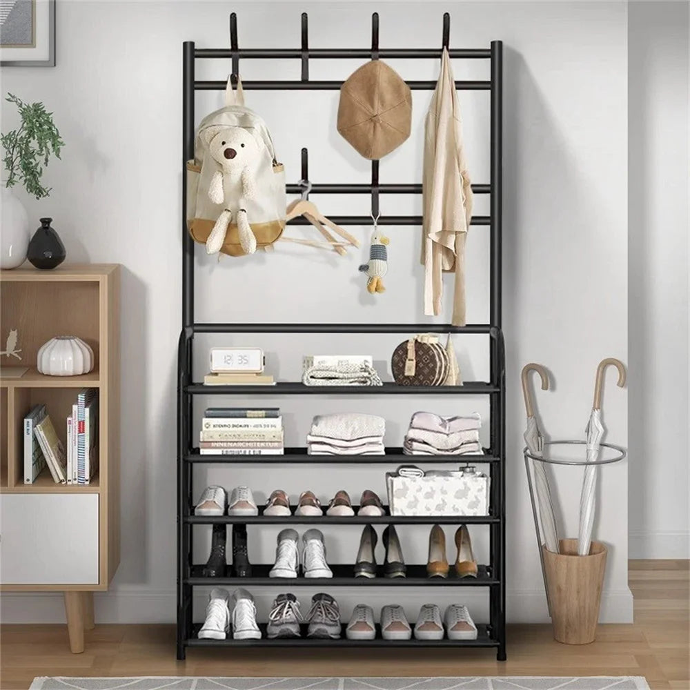 Coat Hat Stand 8 Hooks Metal Storage Shoe Rack 5 Tiers Shelf Hanger Shoes Shelf Living Room Storage Racks 80Cm Widen