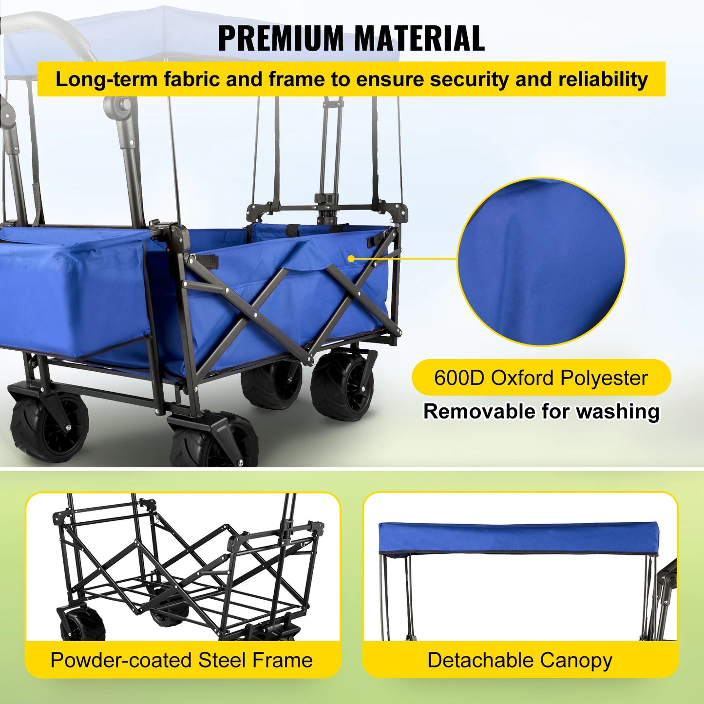 SucceBuy Folding Wagon Cart Adjustable Handle Bar Removable Canopy Oxford Cloth Collapsible Shopping Outdoor Camping Beach Cart