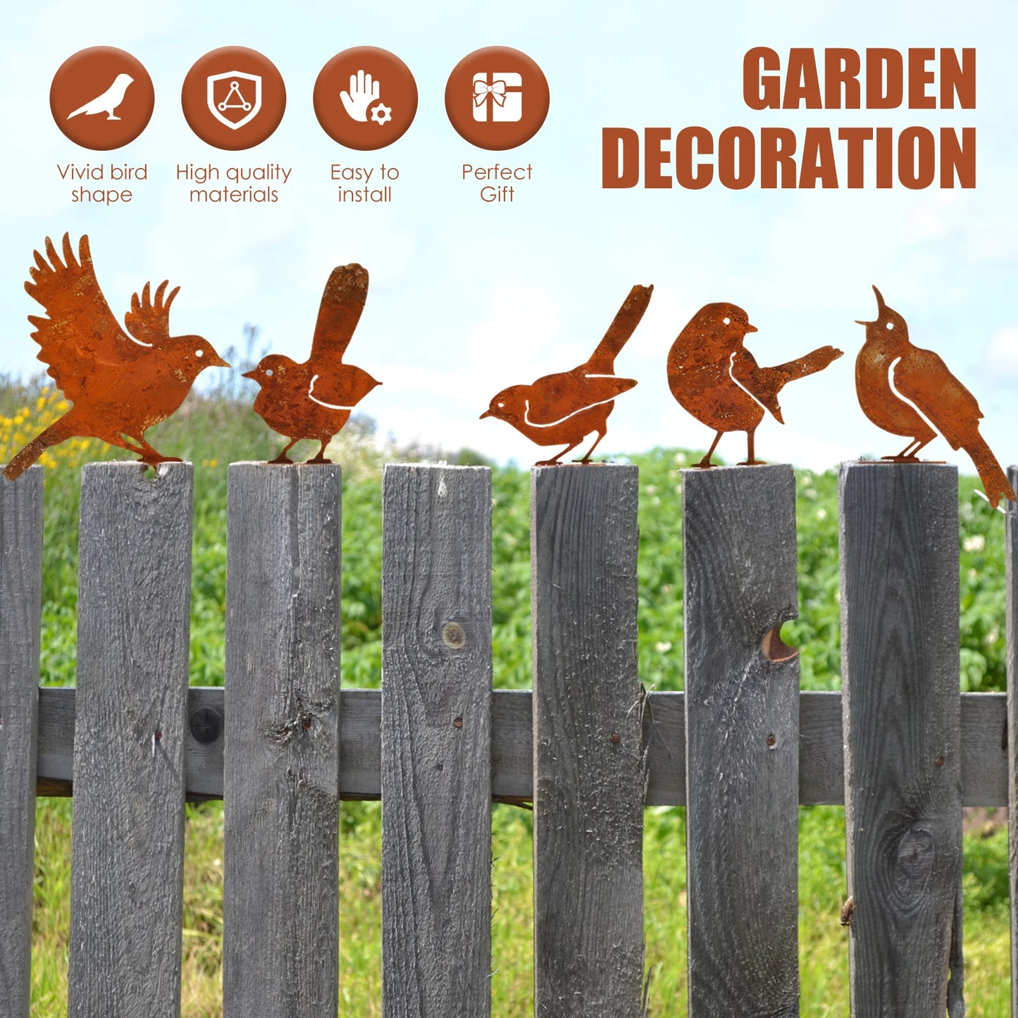 1/5Pcs Rusty Metal Birds Rusty Running Squirrel Decor Metal Art Set Outdoor Garden Animal Silhouette Creative Wrought Iron Decor