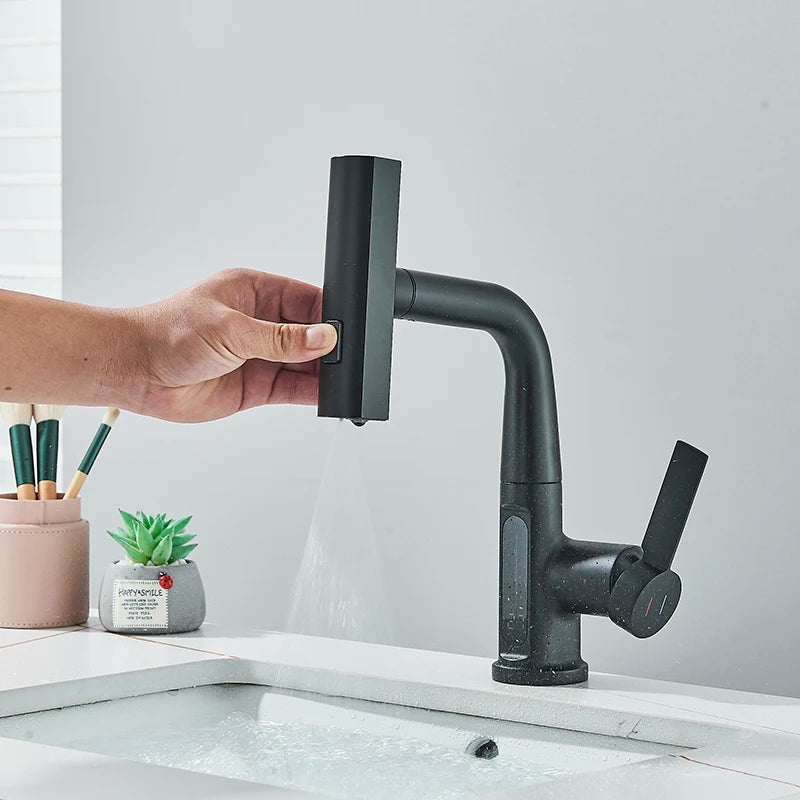 Smart Digital Display Basin Faucet 3 Function Pull Out Waterfall Spout Deck Mount Cold Hot Water Mixer Liftable Sink Crane Tap
