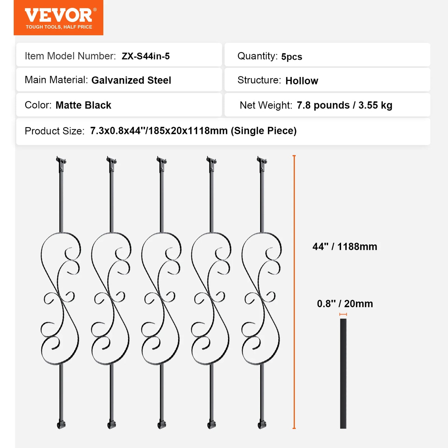 VEVOR Staircase Metal Balusters Galvanized Steel Decorative Banister Spindles with Hollow Baskets Spiral Stair with Shoes Screws