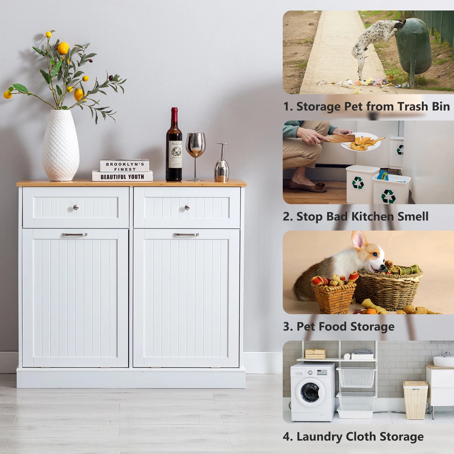 Trash Cabinet Tilt Out Freestanding, Pet Proof Kitchen Trash Cabinet Laundry Hamper with Cutting Board, Wood Garbage Recycling S
