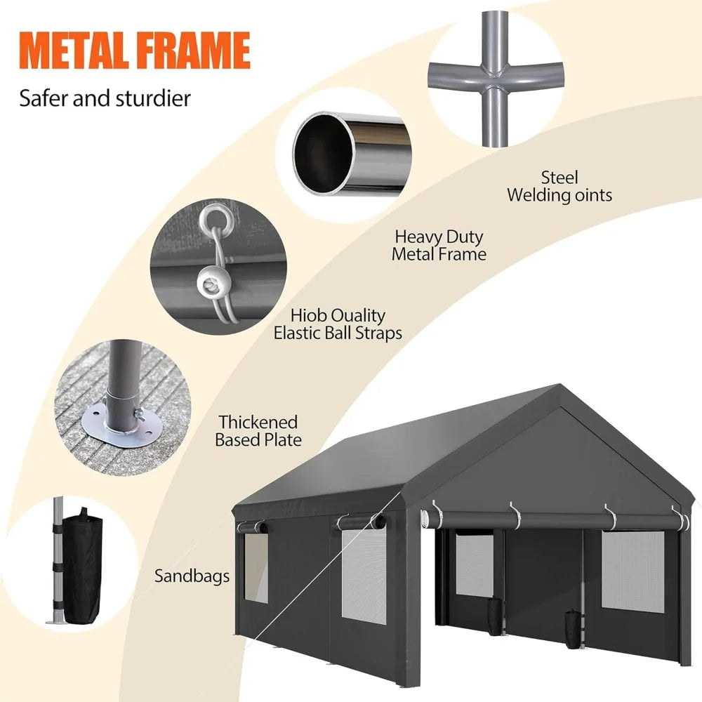 12x20 ft Carport with Roll-up Windows, Portable Garage with Removable Sidewalls & Doors, Canopy W Sandbags and All-Season Tarp