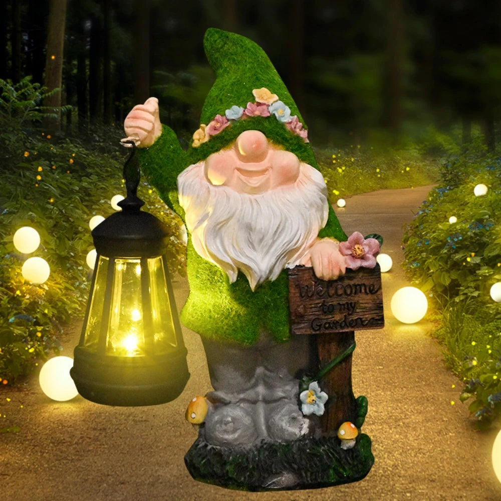 Flocking Gnome Statues with Solar Lantern Outdoor Resin Ornament Easter Garden Gnomes Funny for Yard and Patio Decor