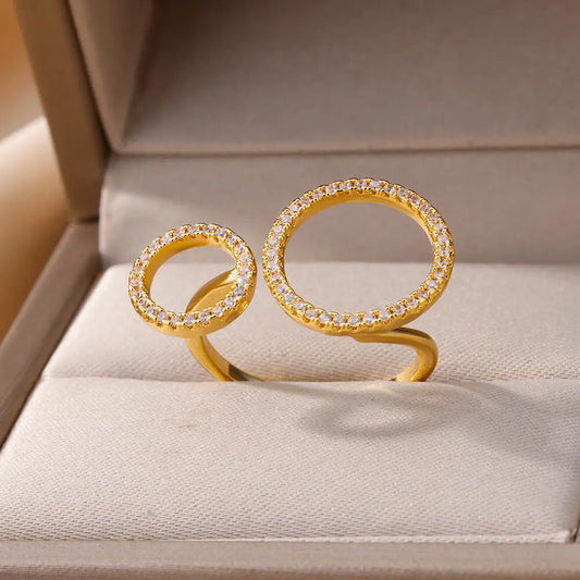 Zircon Double Circle Ring - Adjustable Stainless Steel Geometric Wedding Party Jewelry for Women | AlluCanFind