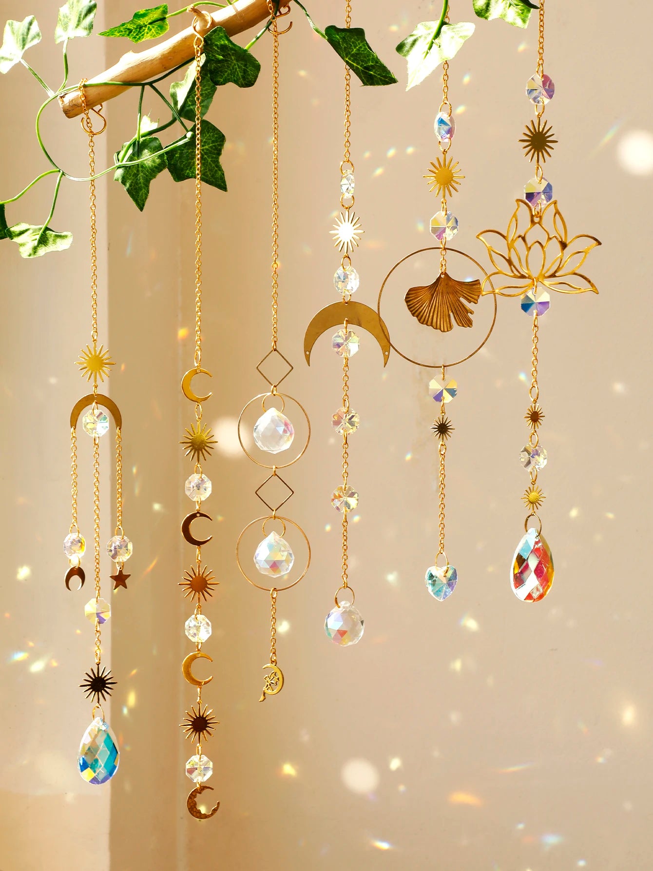 Sun Moon Crystal Suncatcher Rainbow Maker Stained Glass Beaded Sun Catcher Window Hanging Ornament Wind Chimes Yard Garden Decor