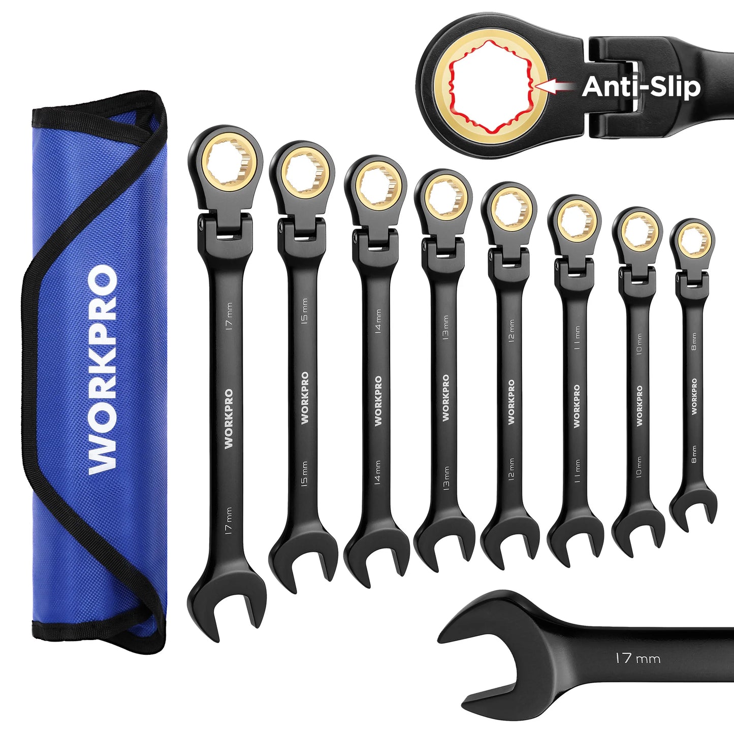 WORKPRO 8pcs Flex-Head Ratcheting Combination Wrench Set SAE 5/16-3/4