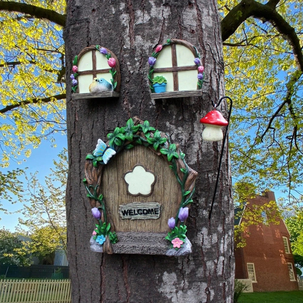 Fairy Mushroom Fairy Door and Windows for Trees Glow in The Dark Yard Garden Sculpture Lawn Ornament Outdoor Decor Accessories