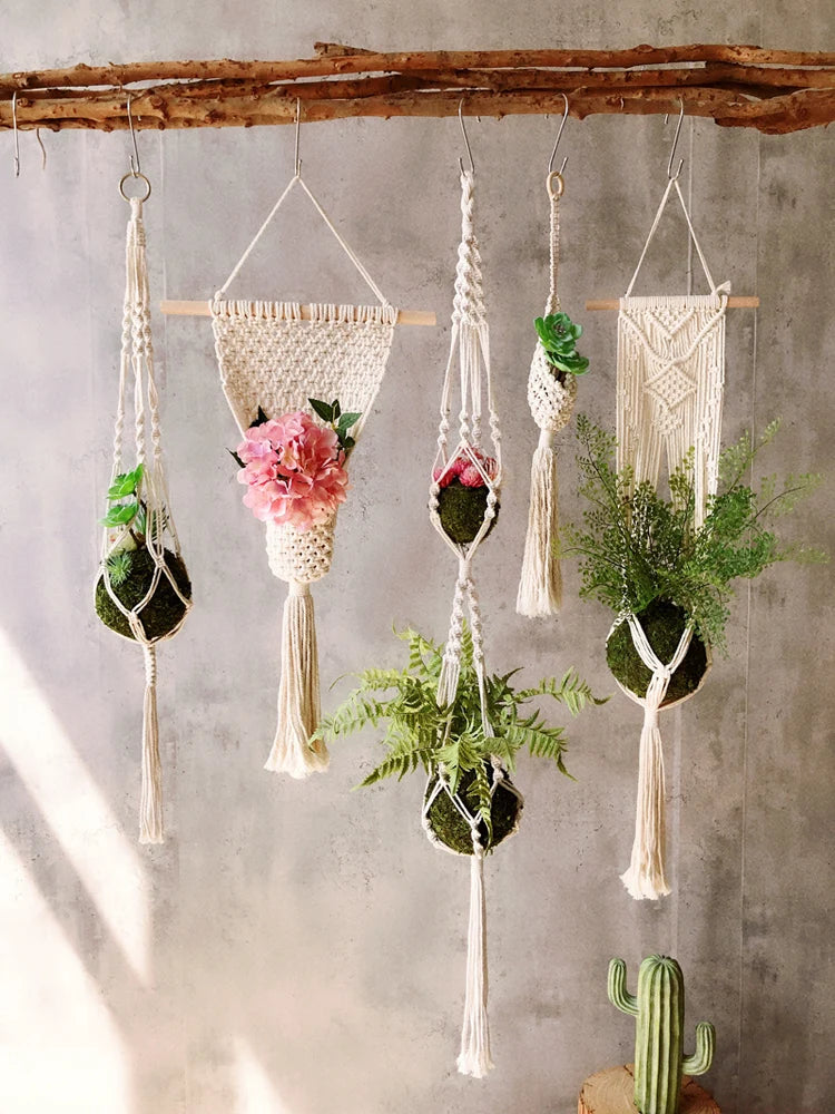 Gardening Green Plant Hanging Basket Cotton Rope Hanger Flower Pot Handmade Macrame Pot Pocket Wall Boho Courtyard Home Decor