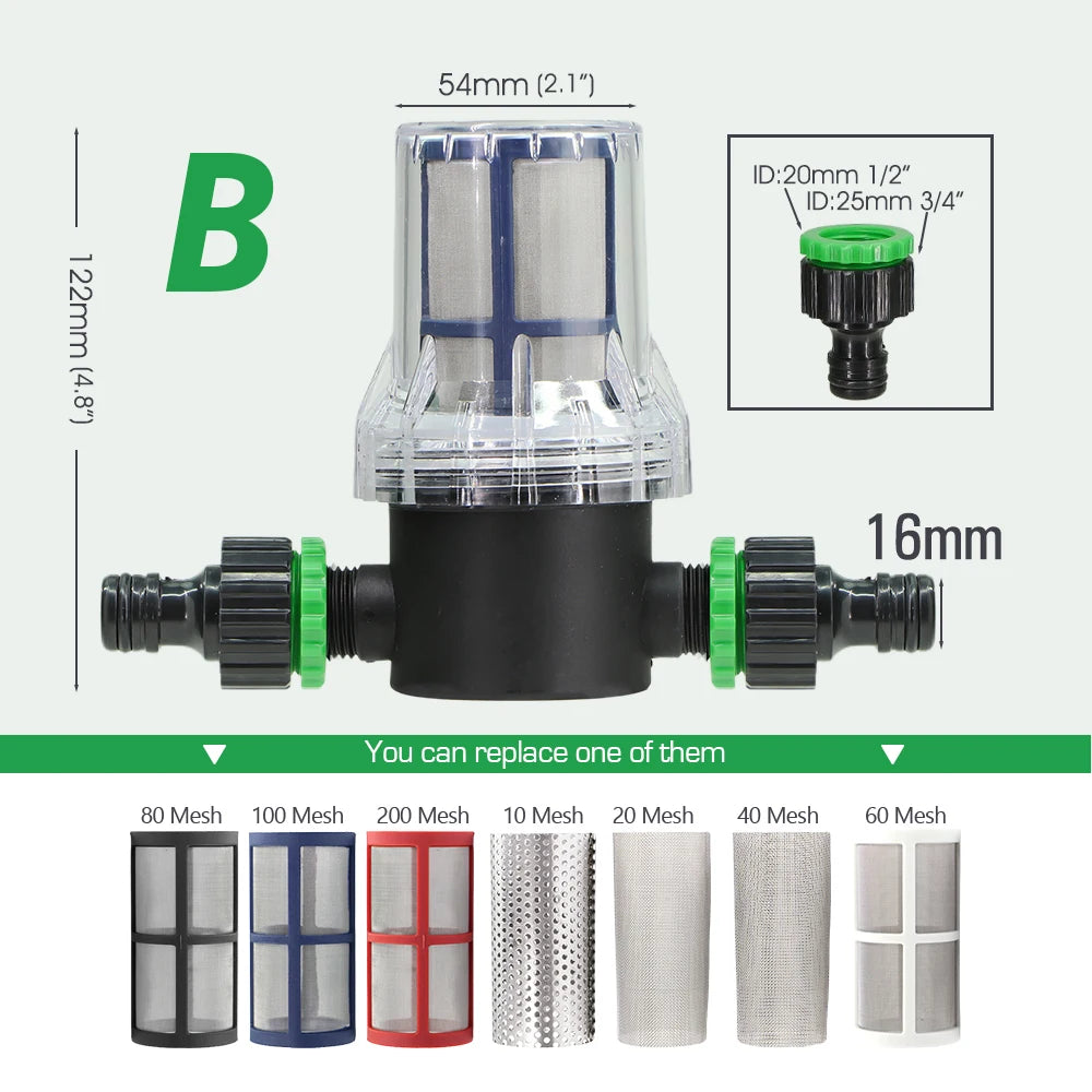 10-200 Mesh Filter 1/2" Garden Hose Filter 16mm Pacifier Quick Connector Agricultural Irrigation Pipe Tube Prefilter Percolator