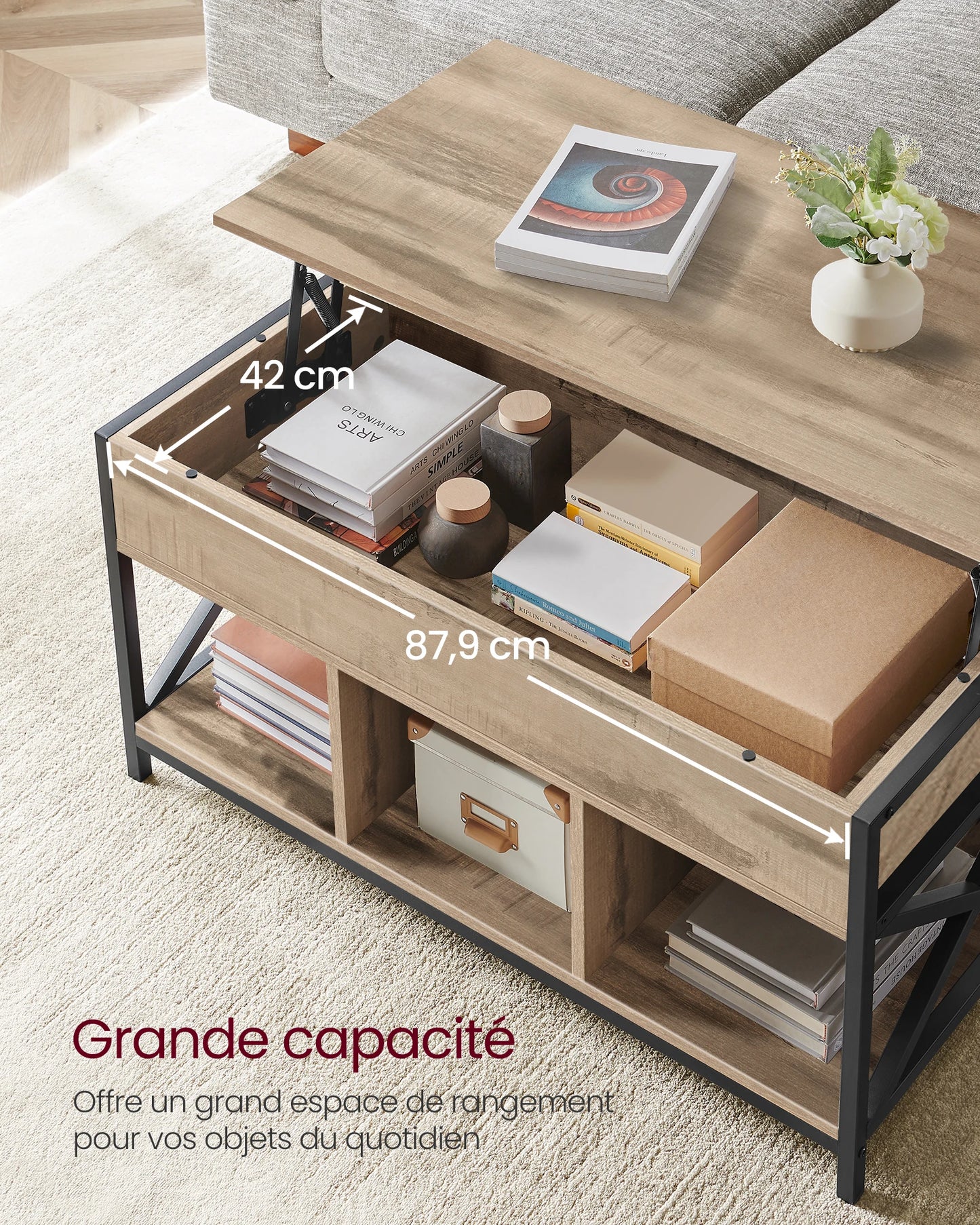 Coffee Table, Lift-Up Coffee Table, Steel Frame, 50 x 100 x (46.5-62) cm, Camel Brown and Black
