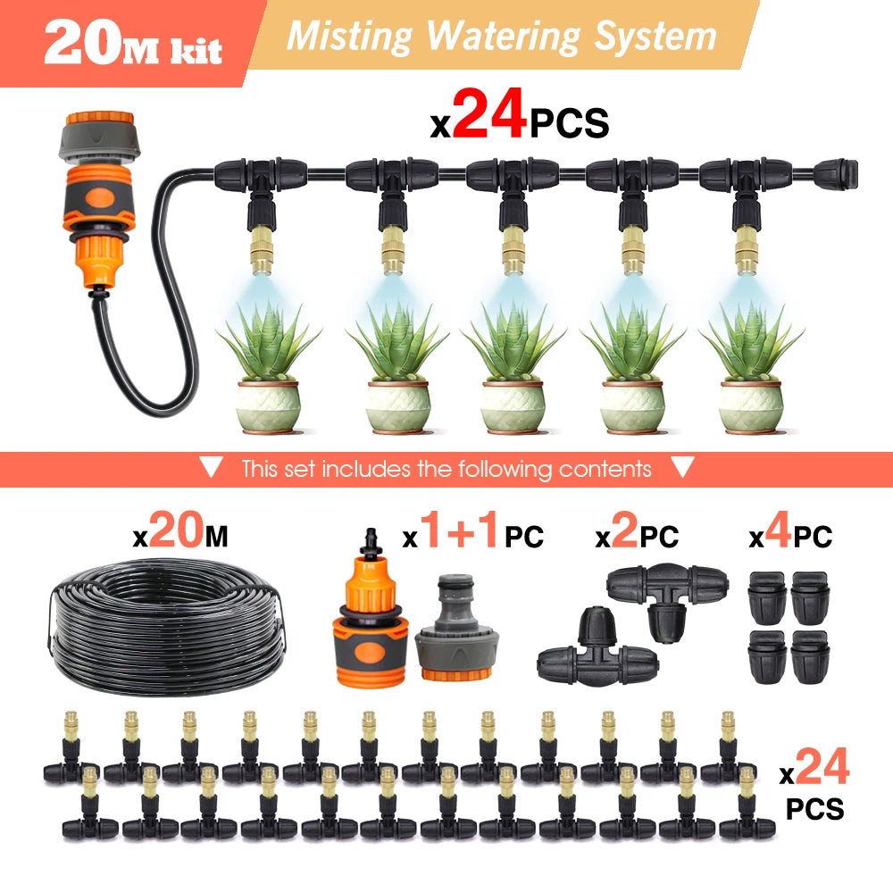 10/20/30M Garden 1/4" Hose Brass Nozzle Atomize Spray System for Summer Balcony Greenhouse Lawn Misting Cooling Irrigation Kit