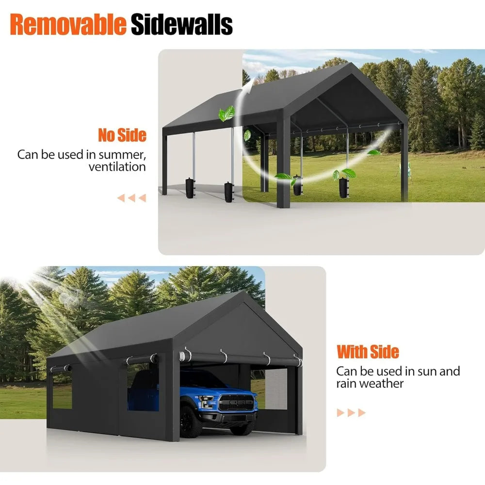 12x20 ft Carport with Roll-up Windows, Portable Garage with Removable Sidewalls & Doors, Canopy W Sandbags and All-Season Tarp