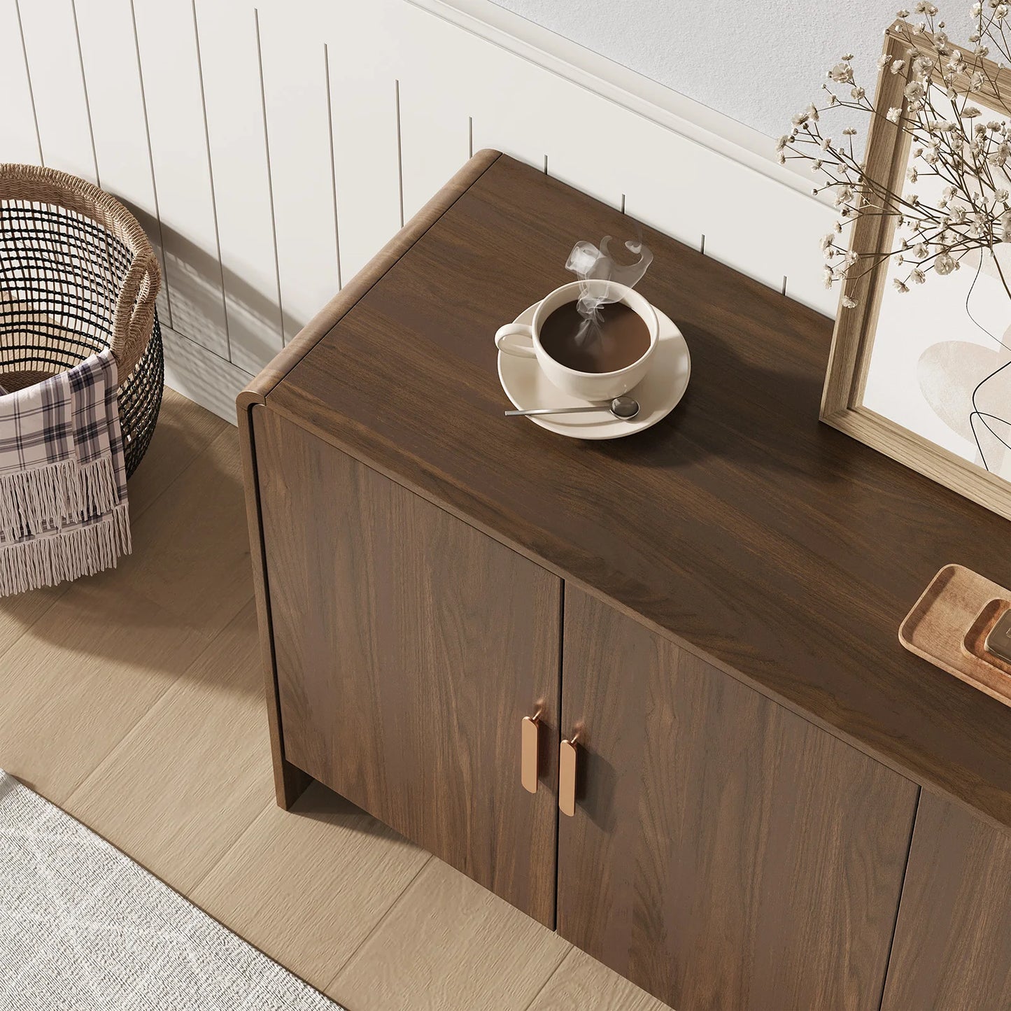 60" Sideboard Buffet Cabinet with Storage, Curved Design Farmhouse Coffee Bar Cabinet with 4 Doors & Adjustable Shelves