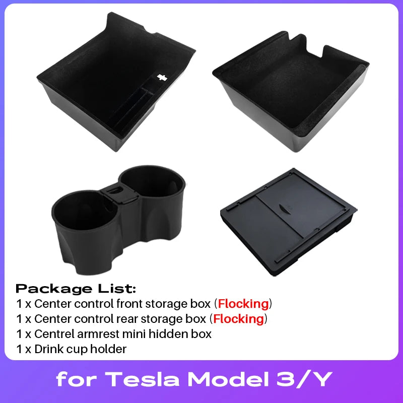 For Tesla Model Y 2020-2024 Hidden Storage Box Car Center Console Armrest Front and Rear Flocking Layer Container Slide