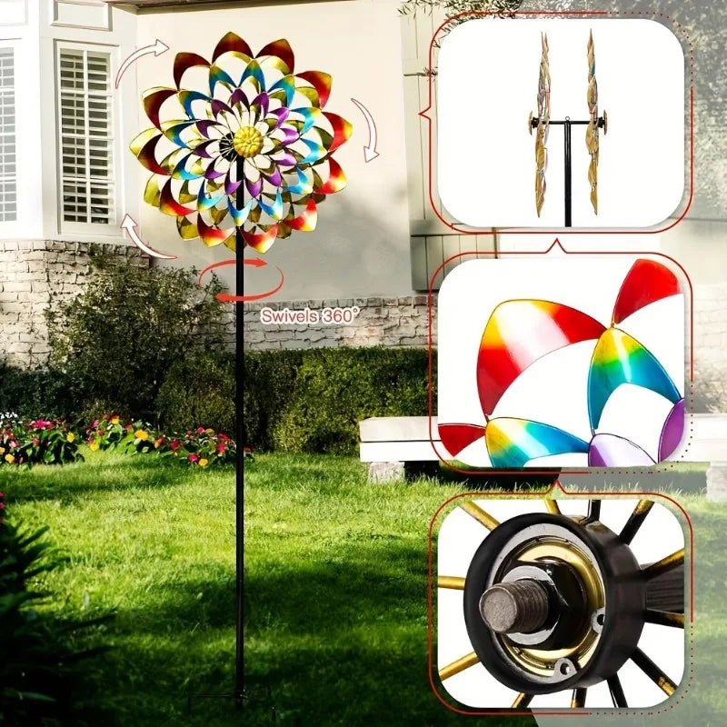 1pcs Rainbow Metal Windmill Cast Iron Garden Stake Lawn & Yard Decor Weathervone Outdoor Wind Spinner for Garden Decoration
