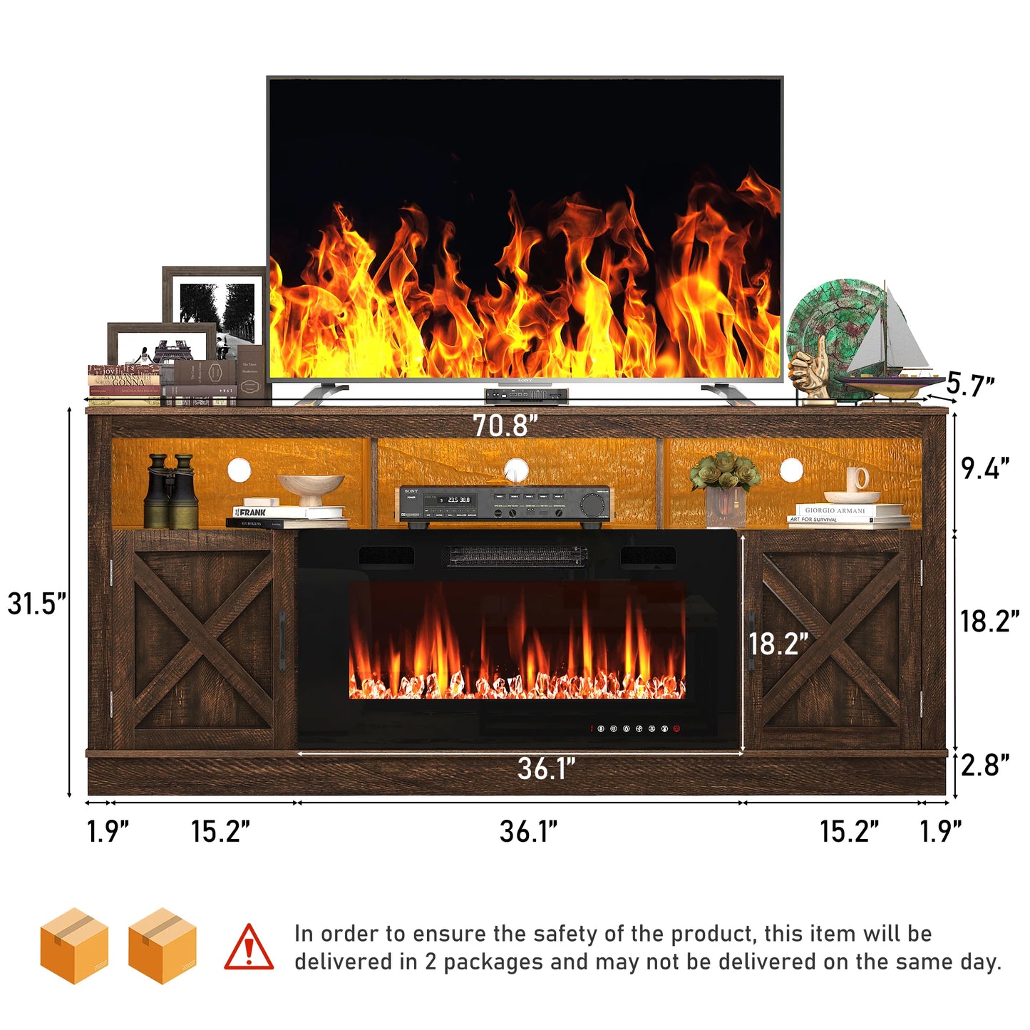 Farmhouse Fireplace TV Stand for 75/80 Inch TV, LED Media Console for 36" Electric Fireplace | AlluCanFind