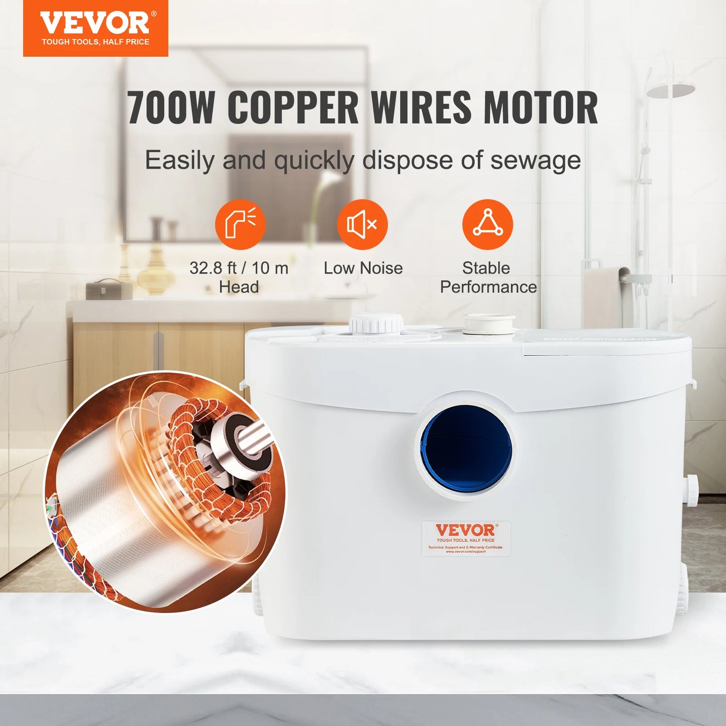 VEVOR Macerator Pump 700W 9600 L/h Flow 32.8 ft/10 m Head Sewerage Sump Pump with 3 Water Inlets for Waste Water Disposal Use