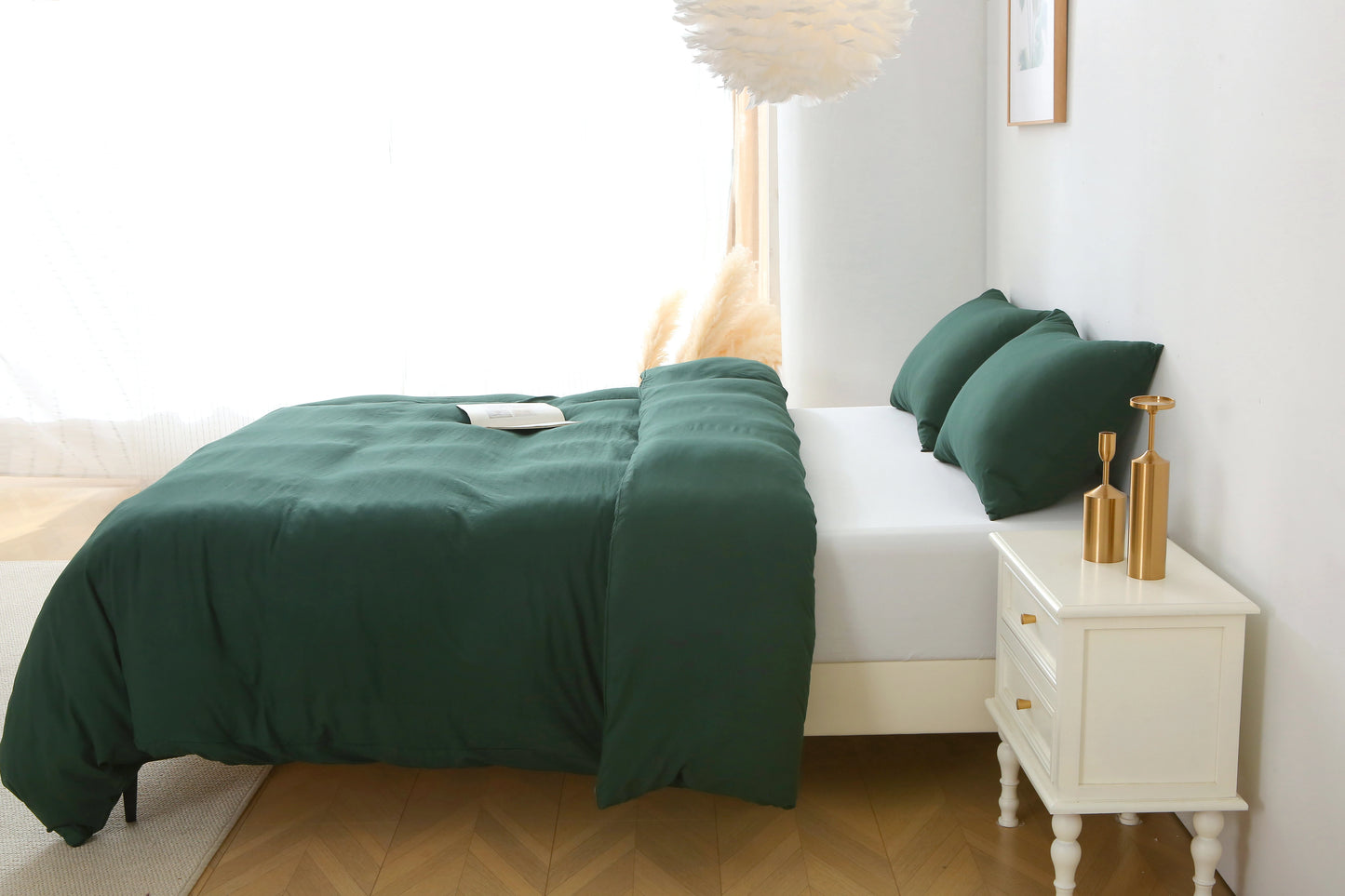 3 Pieces Solid Color Bedding Set with 1 Duvet Cover and 2 Pillow Shams, Comforter Not Included (Queen Size, Green)