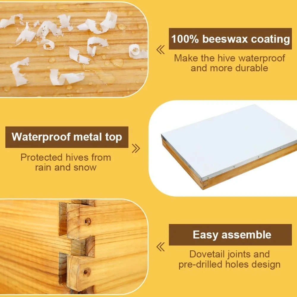 10 Frame Langstroth Beehive Kit Dipped in 100% Beeswax Bee Hives with 1 Deep Bee Box and 1 Medium Bee Hive Box with Frame