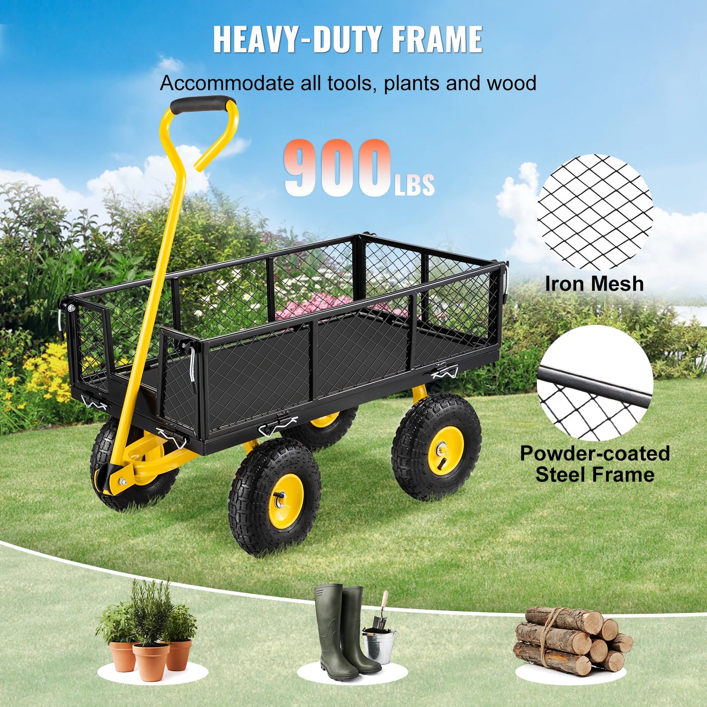 VEVOR Steel Garden Cart Heavy Duty 500/900/1200/1400lbs Capacity with Removable Mesh Sides to Convert into Flatbed Metal Wagon