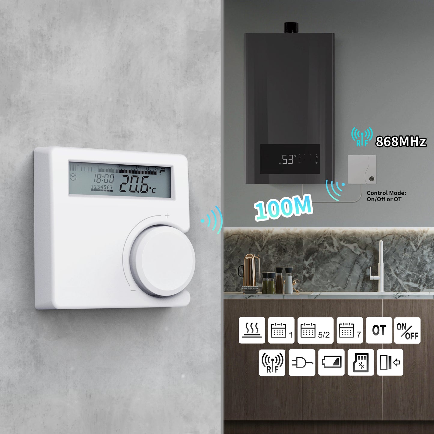 Opentherm Wireless Boiler Thermostat Room Heating Low Power Battery Thermostat Boiler Digital Temperature Controller Wall Mount