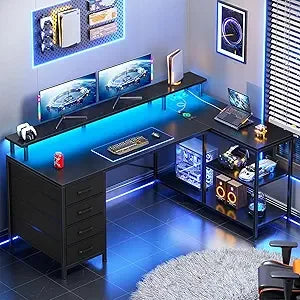 L Shaped Desk with 4 Drawers and Storage Shelves, L Shaped Gaming Desk