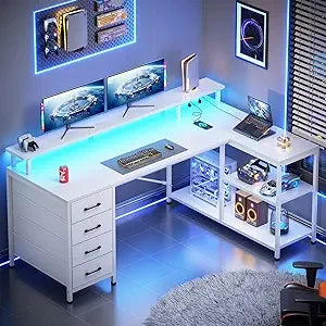 L Shaped Desk with 4 Drawers and Storage Shelves, L Shaped Gaming Desk